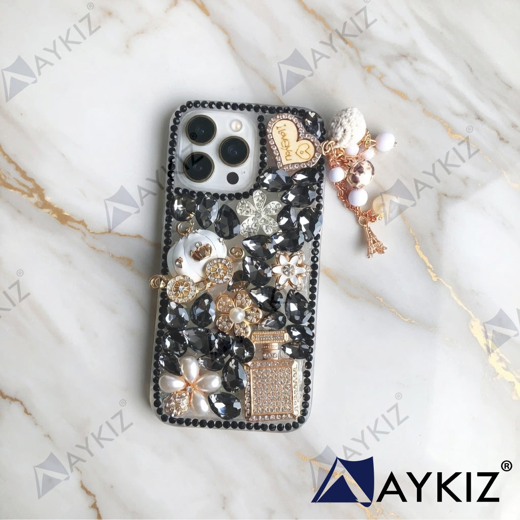 3D Bling Luxury Shiny Crystal Rhinestone Diamond Back Cover with Attractive keychain with Cutee Toy Car & Attractive Key Chain for IPhone 13 Pro (6.1 Inch)