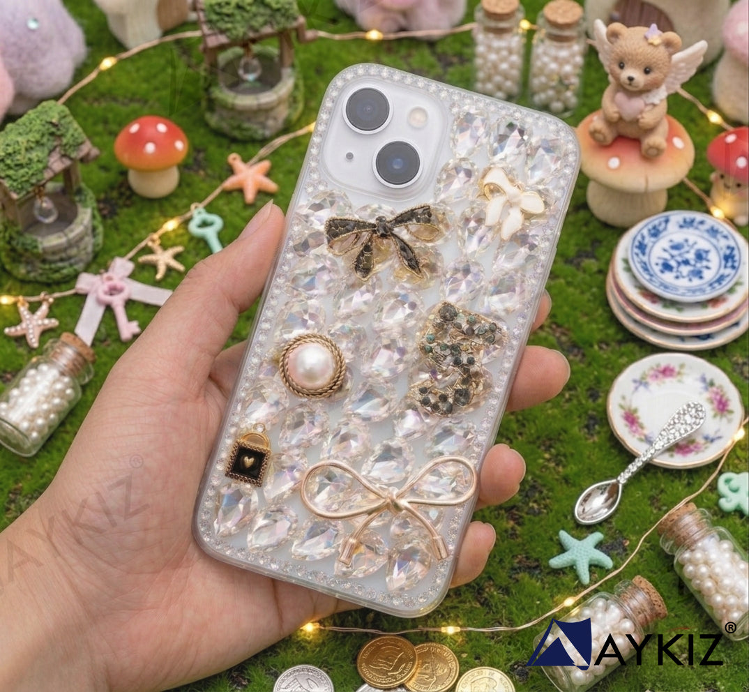 3D Bling Sparkle Luxury Ribbon Bow Crystal Rhinestone Diamond Back Case for IPhone 14 (6.1 Inch)