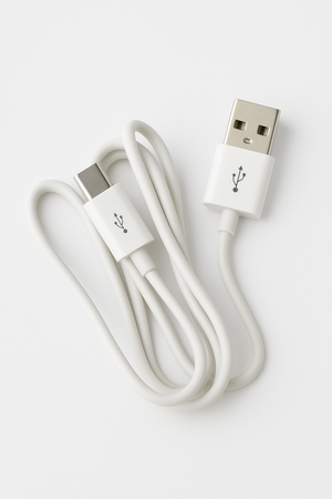 White USB cable with connectors on a light gray background