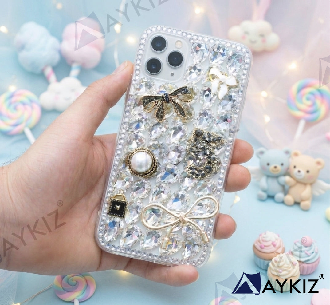 3D Bling Sparkle Luxury Ribbon Bow Crystal Rhinestone Diamond Back Case for IPhone 11 Pro Max (6.5 Inch)