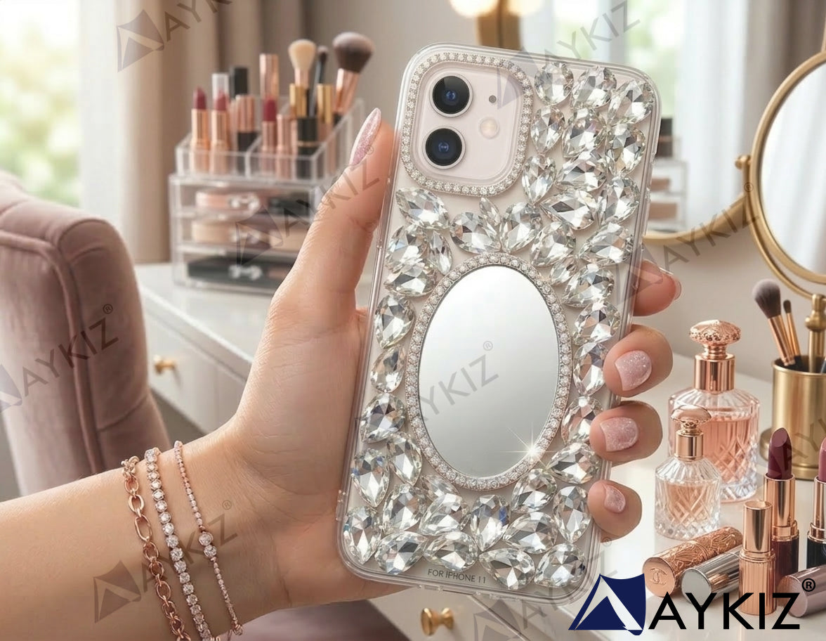 3D Bling Sparkle Luxury Round Mirror Shiny Crystal Rhinestone Diamond Case for IPhone 11