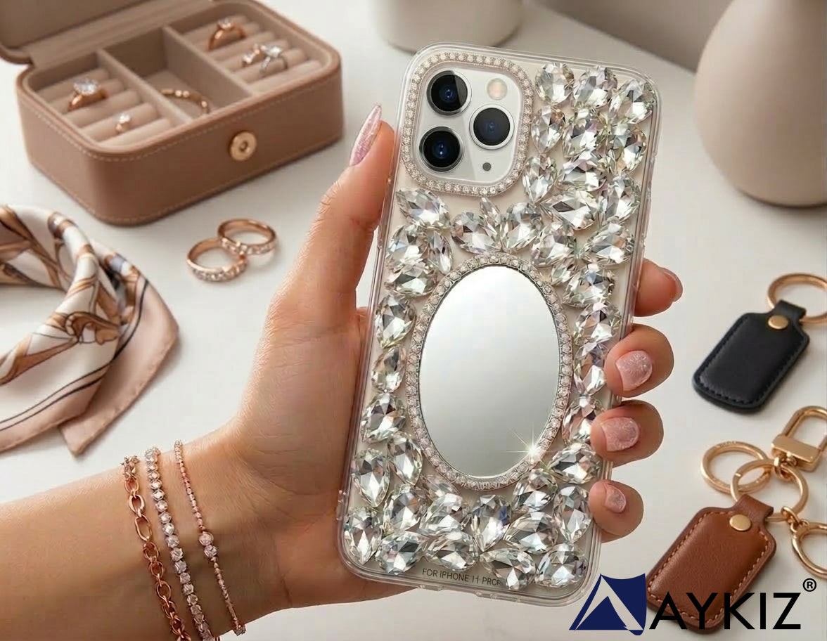 3D Bling Sparkle Luxury Round Mirror Shiny Crystal Rhinestone Diamond Case for IPhone 11 Pro (5.8 Inch)