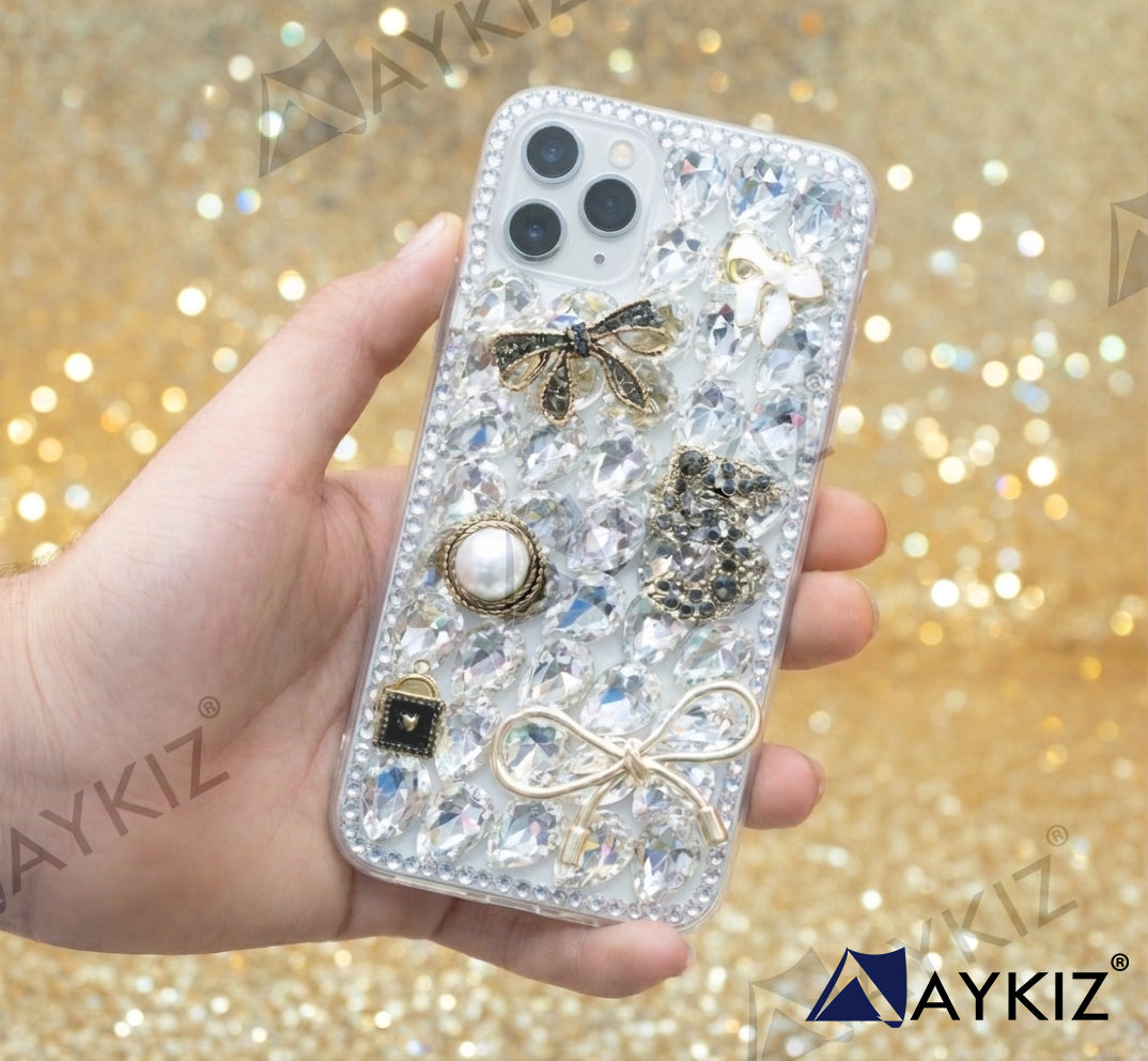 3D Bling Sparkle Luxury Ribbon Bow Crystal Rhinestone Diamond Back Case for IPhone 11 Pro (5.8 Inch)