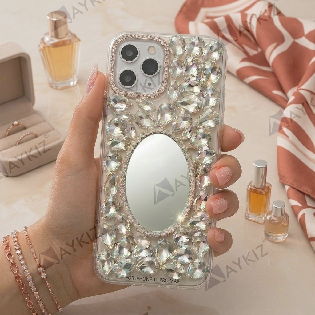 3D Bling Sparkle Luxury Round Mirror Shiny Crystal Rhinestone Diamond Case for IPhone 11 Pro Max (6.5 Inch)