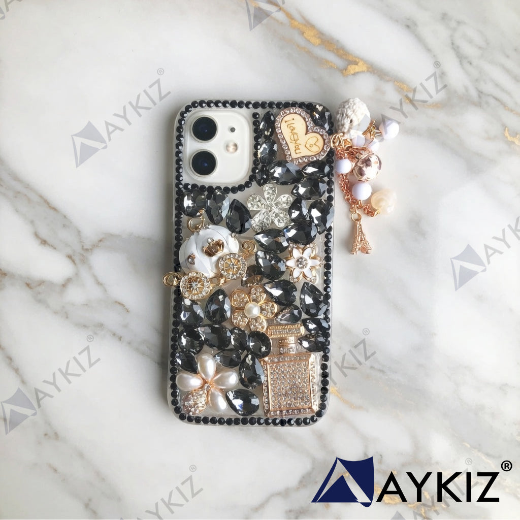 3D Bling Luxury Shiny Crystal Rhinestone Diamond Back Cover with Attractive keychain with Cutee toy car & attractive Key Chain for IPhone 12 (6.1 Inch)
