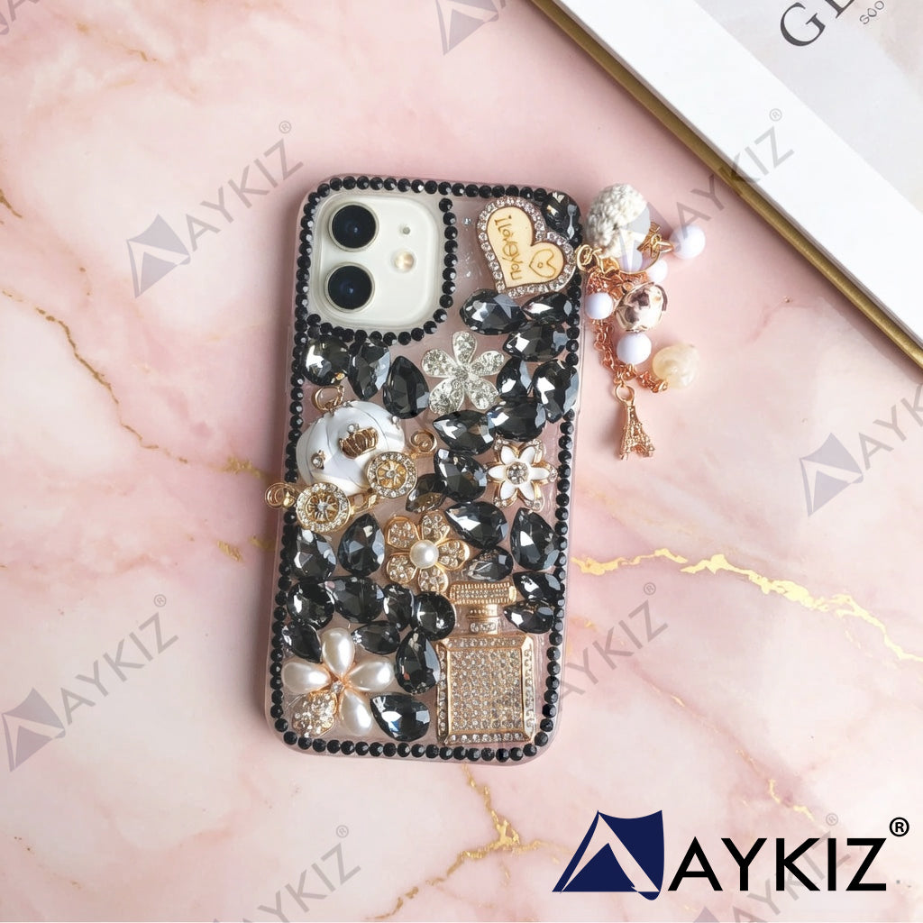 3D Bling Luxury Shiny Crystal Rhinestone Diamond Back Cover with Attractive keychain with Cutee toy car & attractive Key Chain for IPhone 12 (6.1 Inch)