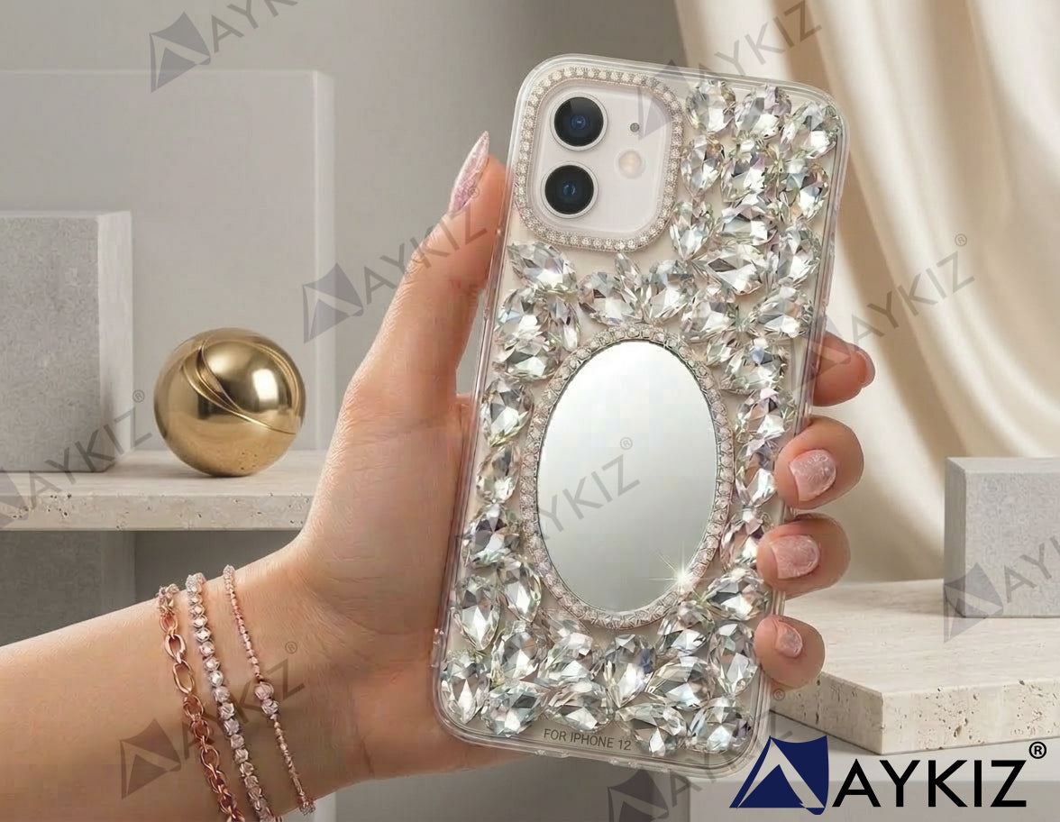 3D Bling Sparkle Luxury Round Mirror Shiny Crystal Rhinestone Diamond Case for IPhone 12 (6.1 Inch)
