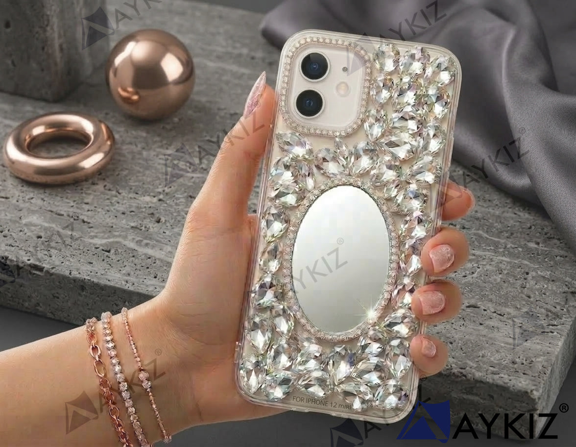 3D Bling Sparkle Luxury Round Mirror Shiny Crystal Rhinestone Diamond Case for IPhone 12 Mini (5.4 Inch)