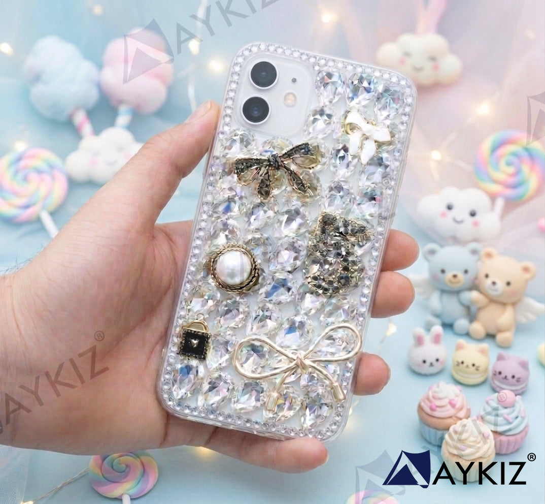 3D Bling Sparkle Luxury Ribbon Bow Crystal Rhinestone Diamond Back Case for IPhone 12 Mini (5.4 Inch)