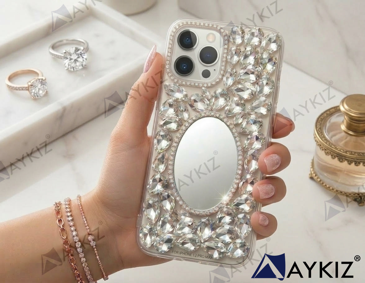 3D Bling Sparkle Luxury Round Mirror Shiny Crystal Rhinestone Diamond Case for IPhone 12 Pro Max (6.7 Inch)