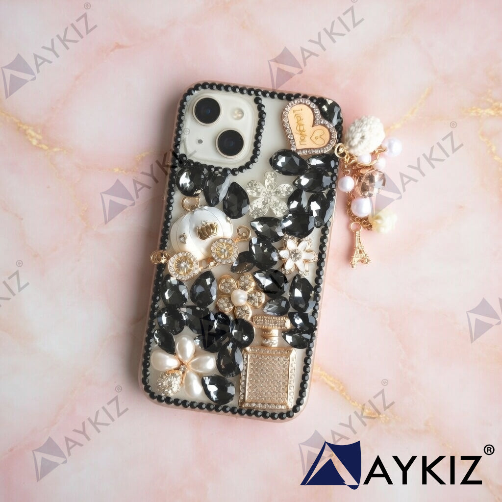 3D Bling Luxury Shiny Crystal Rhinestone Diamond Back Cover with Attractive keychain with Cutee Toy Car & Attractive Key Chain for IPhone 14 Plus (6.7 Inch)