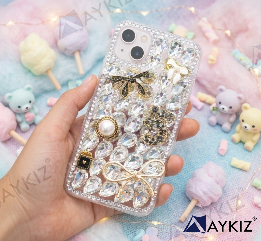 3D Bling Sparkle Luxury Ribbon Bow Crystal Rhinestone Diamond Back Case for IPhone 13 (6.1 Inch)