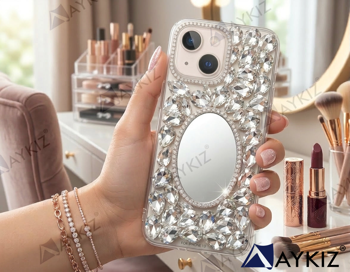 3D Bling Sparkle Luxury Round Mirror Shiny Crystal Rhinestone Diamond Case for IPhone 14 (6.1 Inch)