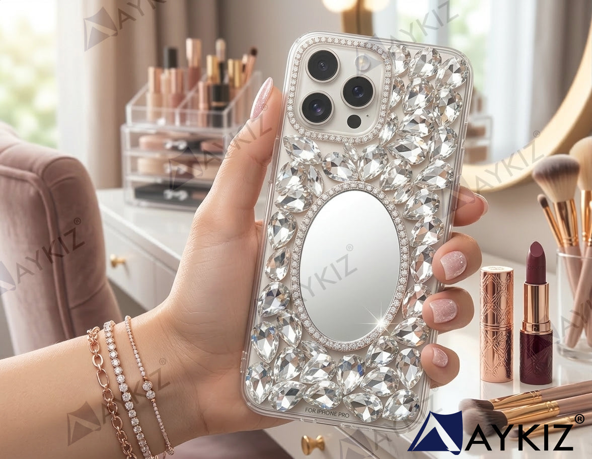 3D Bling Sparkle Luxury Round Mirror Shiny Crystal Rhinestone Diamond Case for IPhone 13 Pro (6.1 Inch)