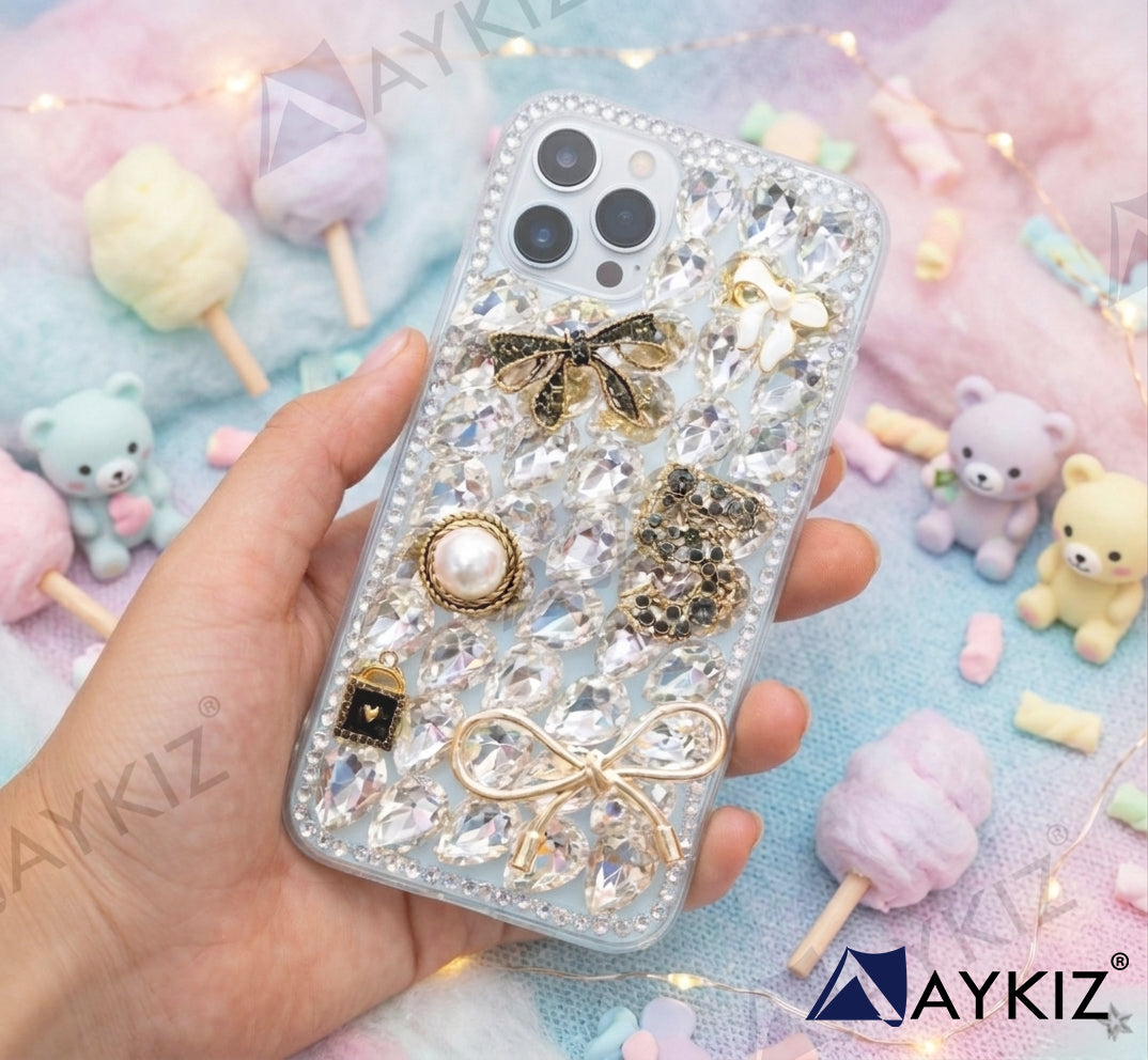 3D Bling Sparkle Luxury Ribbon Bow Crystal Rhinestone Diamond Back Case for IPhone 13 Pro (6.1 Inch)