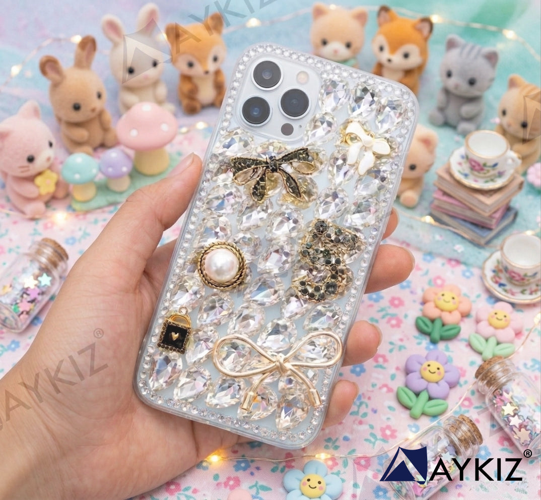 3D Bling Sparkle Luxury Ribbon Bow Crystal Rhinestone Diamond Back Case for IPhone 13 Pro Max(6.7 Inch)