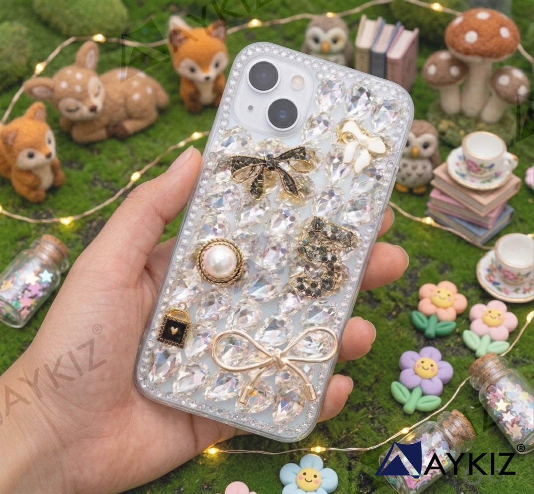 3D Bling Sparkle Luxury Ribbon Bow Crystal Rhinestone Diamond Back Case for IPhone 14 (6.1 Inch)