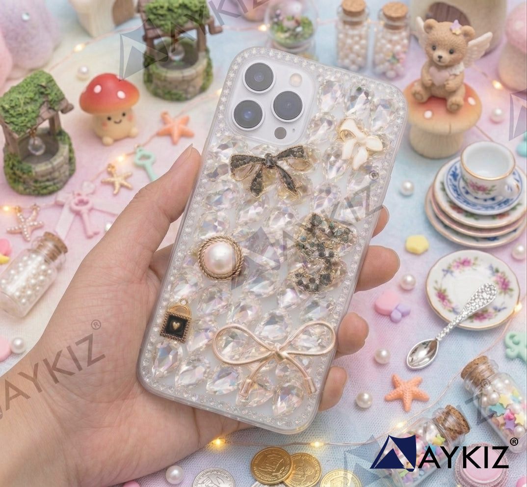 3D Bling Sparkle Luxury Ribbon Bow Crystal Rhinestone Diamond Back Case for IPhone 14 Pro (6.1 Inch)