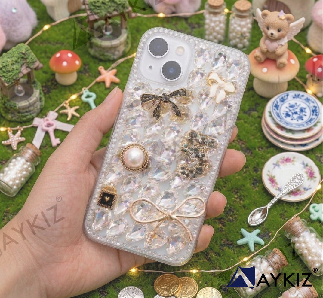 3D Bling Sparkle Luxury Ribbon Bow Crystal Rhinestone Diamond Back Case for IPhone 14 Plus (6.7 Inch)