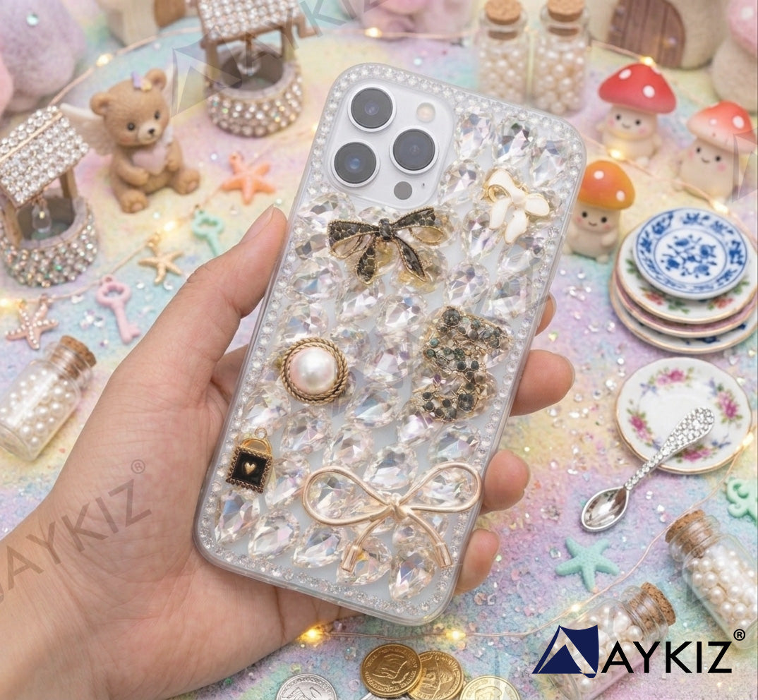3D Bling Sparkle Luxury Ribbon Bow Crystal Rhinestone Diamond Back Case for IPhone 14 Pro (6.1 Inch)