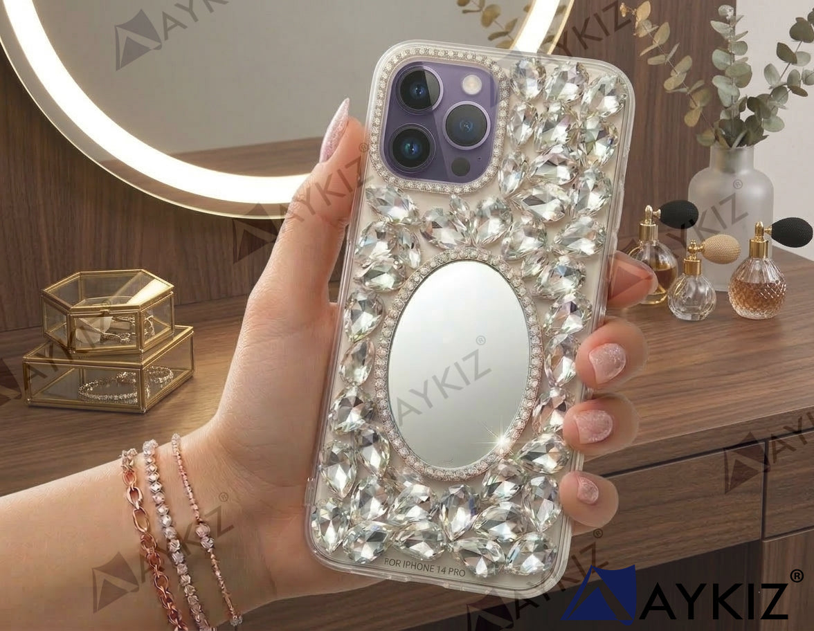 3D Bling Sparkle Luxury Round Mirror Shiny Crystal Rhinestone Diamond Case for IPhone 14 Pro Max (6.7 Inch)