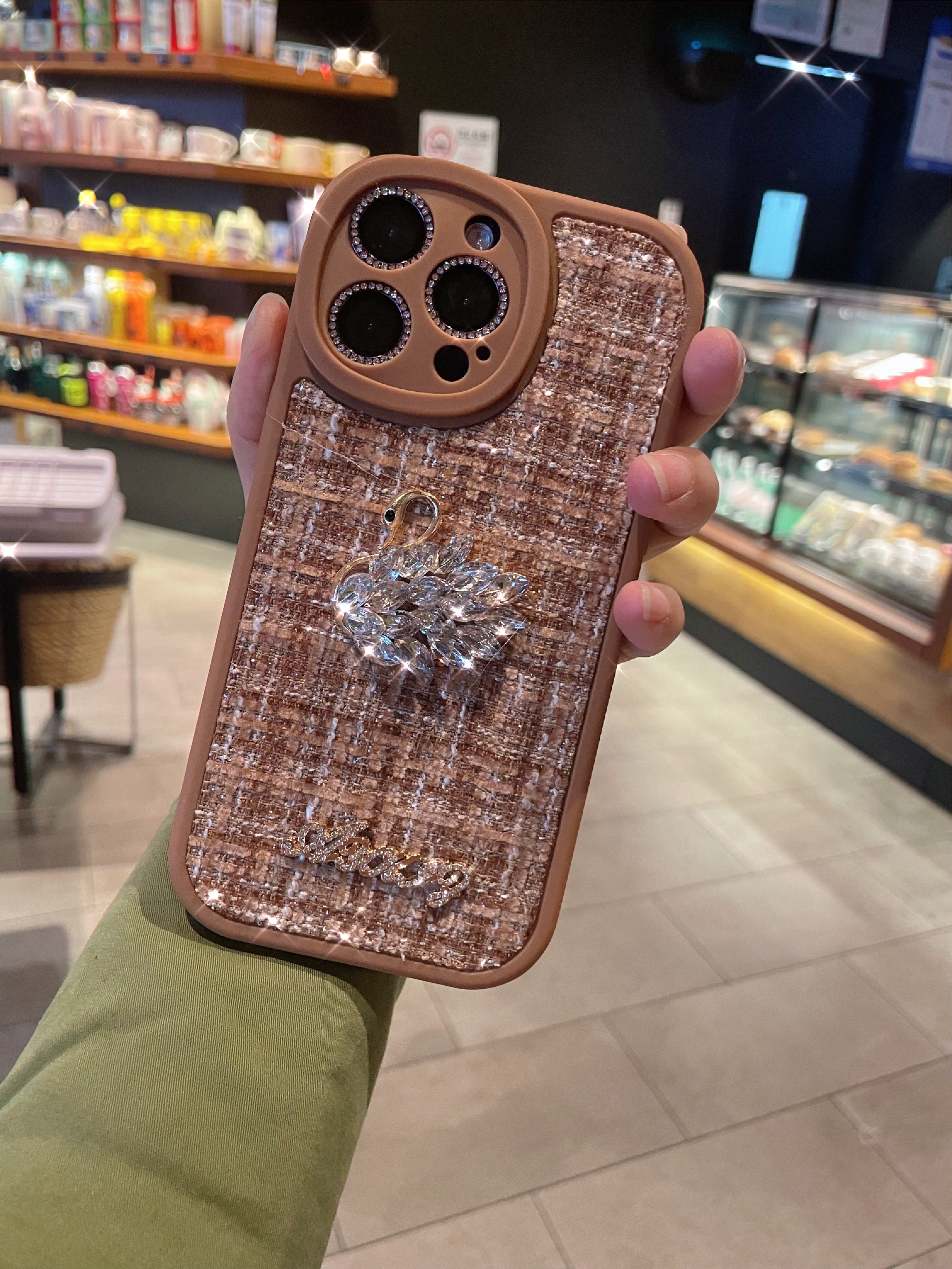 AYKIZ Designed Stylish Diamond Soft Back Cover with Camera Protection for Woman/Girls Gold Brown