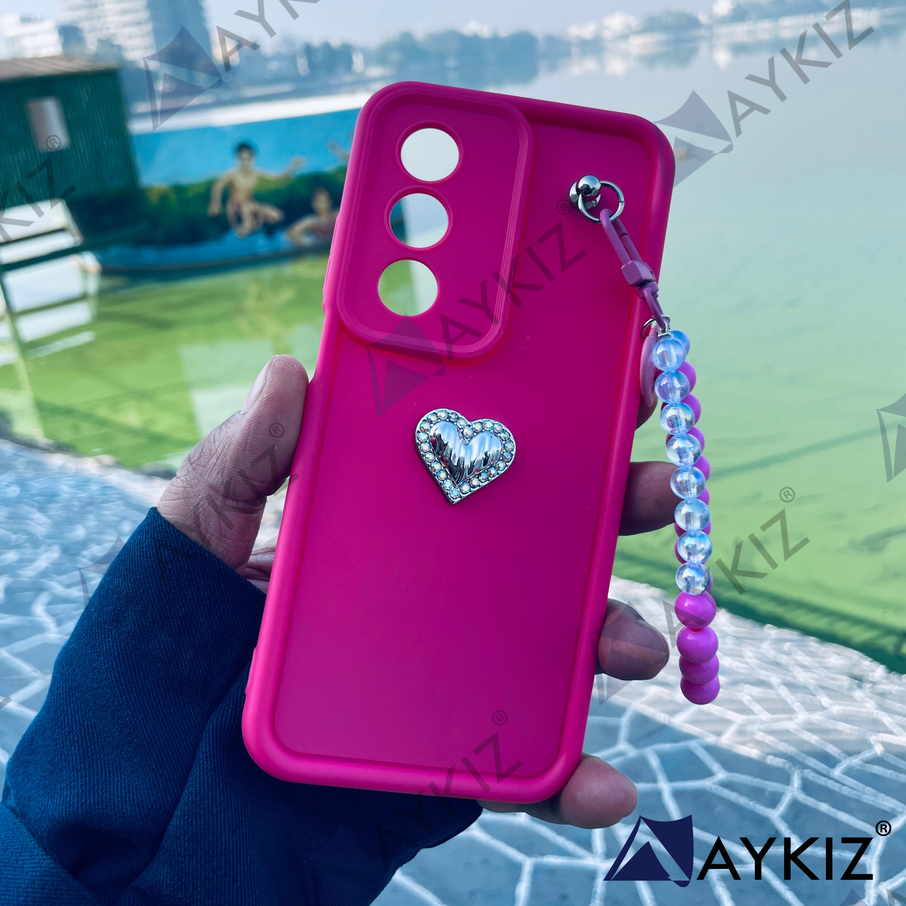 Decorative Heart Silicon Camera Protective Chain Case Back Cover for Realme