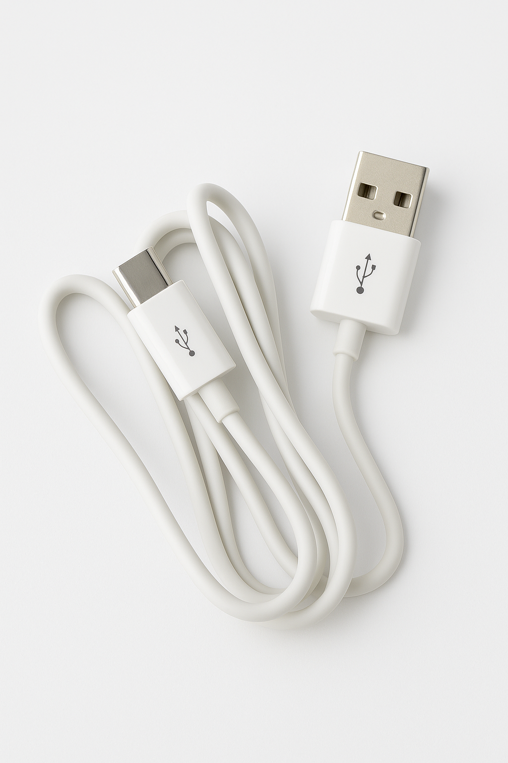White USB cable with connectors on a light gray background