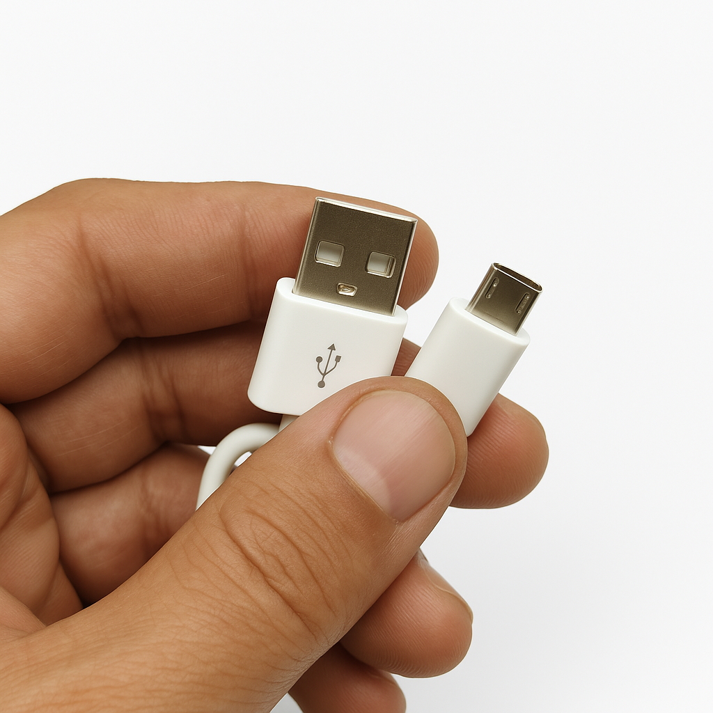 Hand holding a USB cable with different connectors on a white background