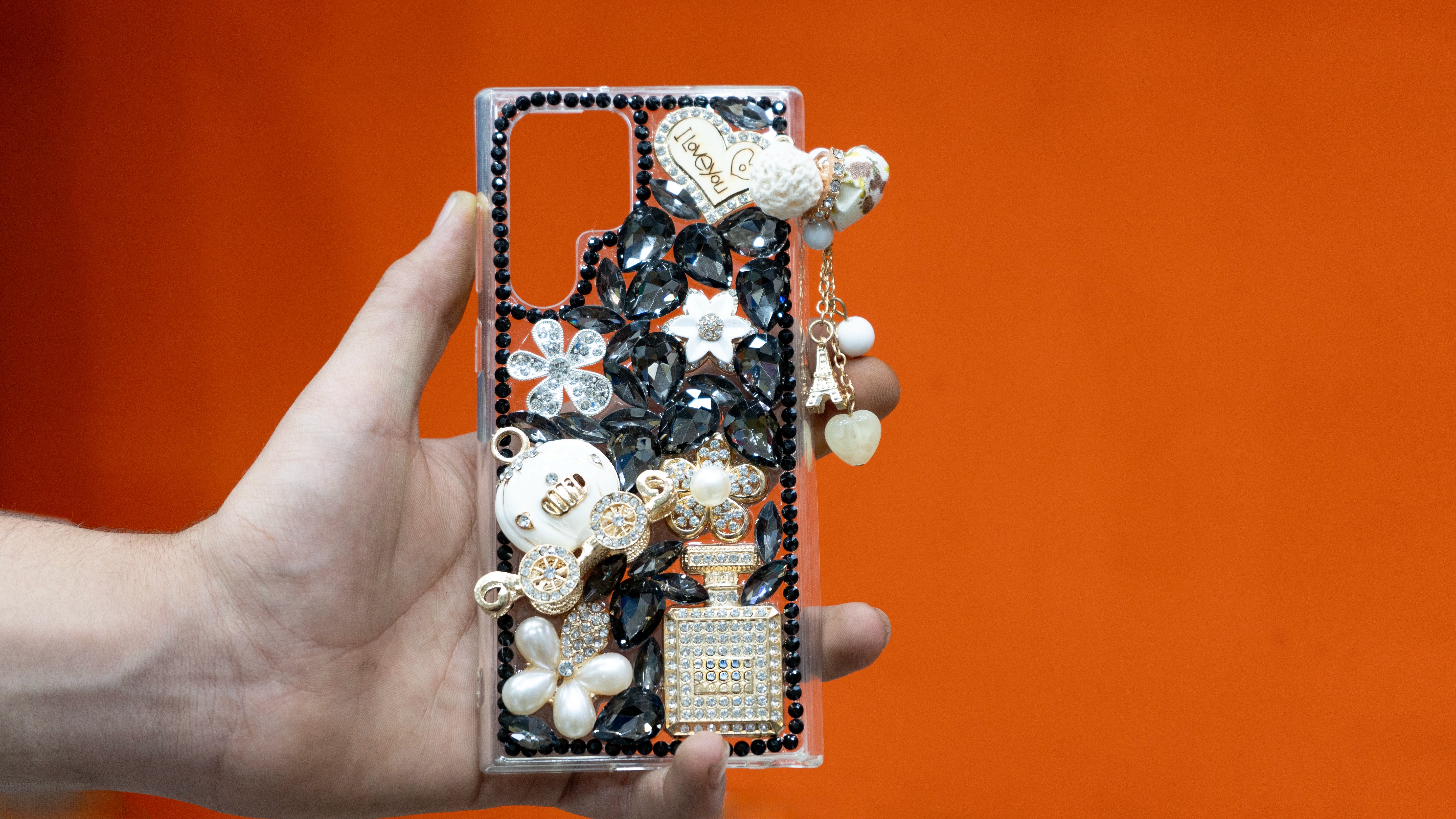 Colourful 3D Black Glitter Bling Sparkle Case Luxury Shiny Crystal Rhinestone Diamond Bumper Glitter Case With Chain For Girls Black