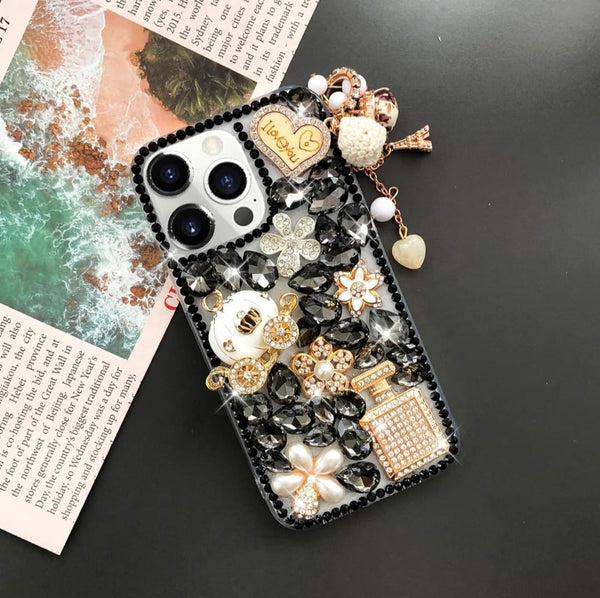 Colourful 3D Black Glitter Bling Sparkle Case Luxury Shiny Crystal Rhinestone Diamond Bumper Glitter Case With Chain For Girls Black