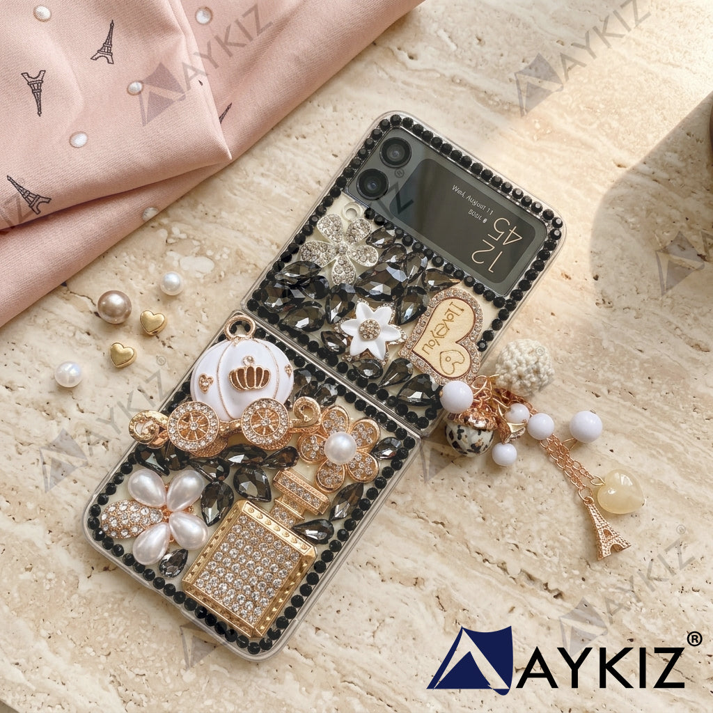 3D Bling Luxury Shiny Crystal Rhinestone Diamond Back Cover with Attractive keychain with Cutee Toy Car & Attractive Key Chain for Samsung Galaxy Flip 3