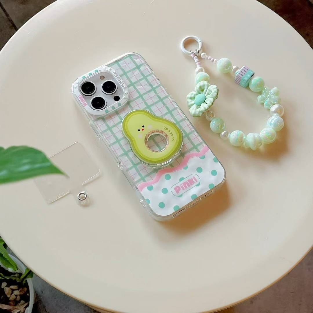 Aykiz Premium High Quality Cute Avocado Ring Holder Phone Case – Pastel Plaid Green & Pink Design
