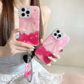 Aykiz Premium Pink Gradient Star Phone Case – Glossy Cloud Design with Cherry Chain Charm