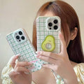 Aykiz Premium High Quality Cute Avocado Ring Holder Phone Case – Pastel Plaid Green & Pink Design