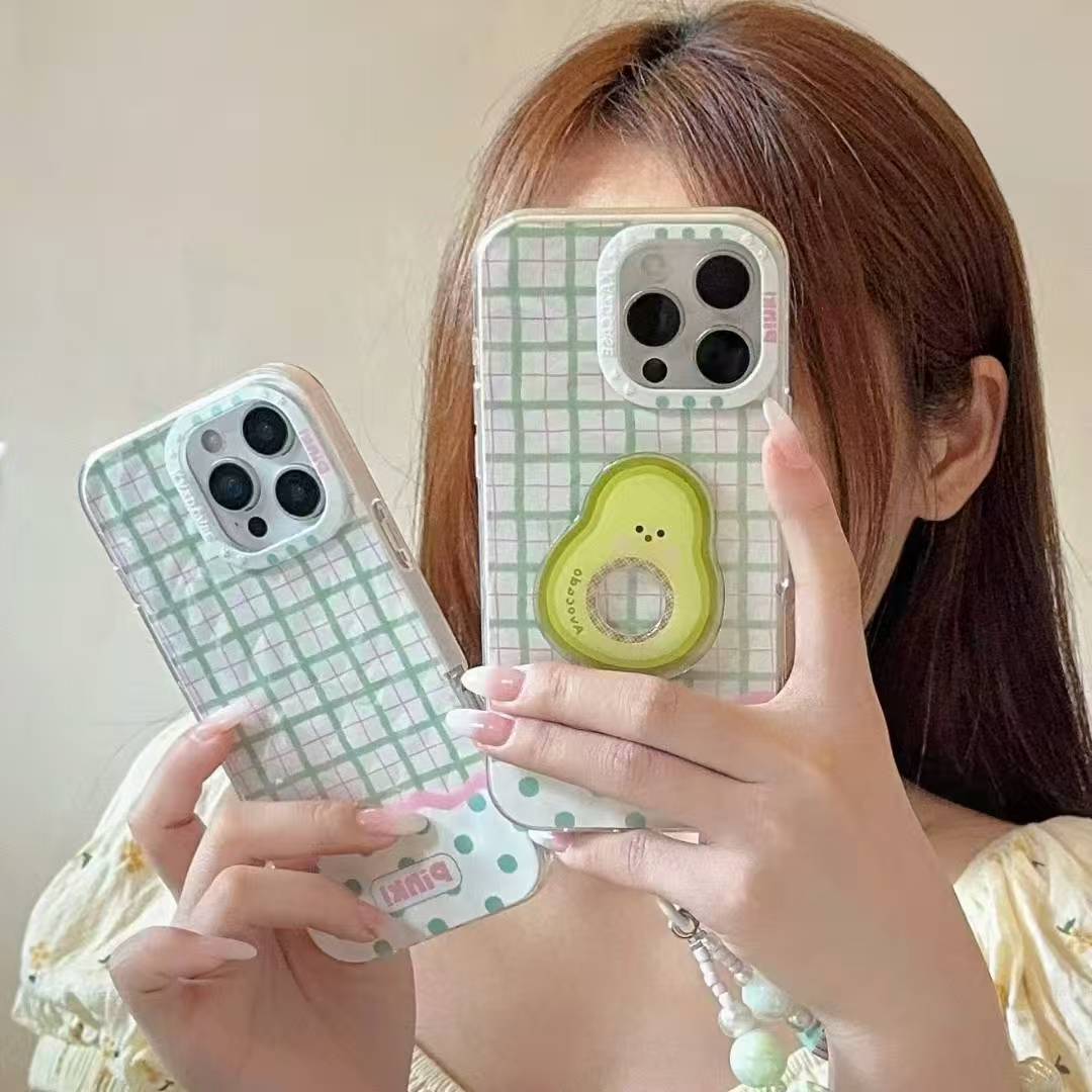 Aykiz Premium High Quality Cute Avocado Ring Holder Phone Case – Pastel Plaid Green & Pink Design