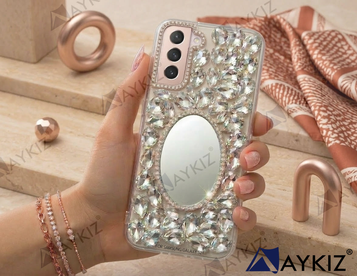 3D Bling Sparkle Luxury Round Mirror Shiny Crystal Rhinestone Diamond Case for Samsung Galaxy S21