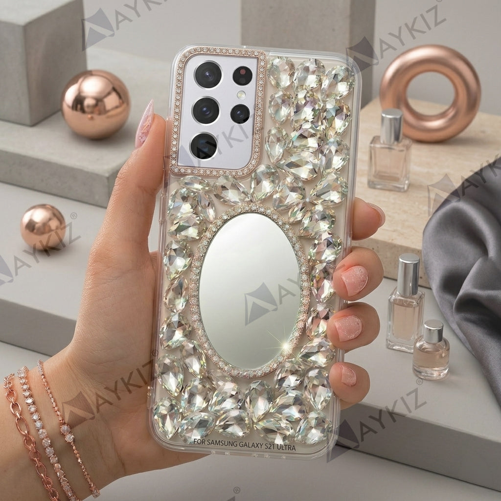 3D Bling Sparkle Luxury Round Mirror Shiny Crystal Rhinestone Diamond Case for Samsung Galaxy S21 Ultra