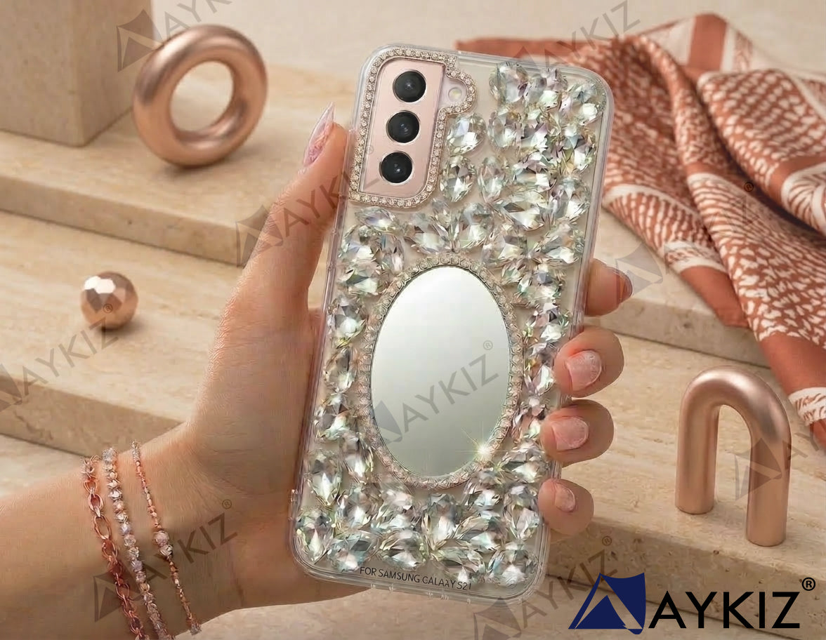 3D Bling Sparkle Luxury Round Mirror Shiny Crystal Rhinestone Diamond Case for Samsung Galaxy S22