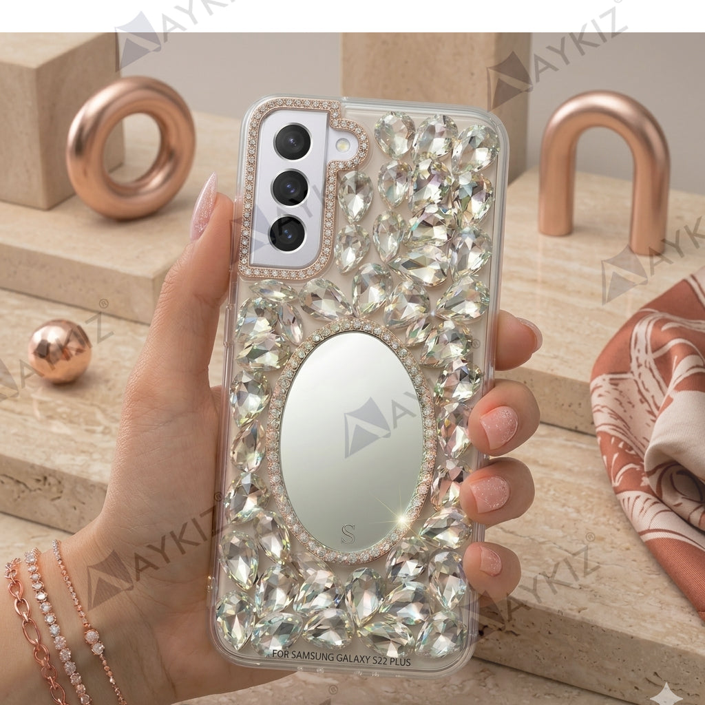 3D Bling Sparkle Luxury Round Mirror Shiny Crystal Rhinestone Diamond Case for Samsung Galaxy S22 Plus